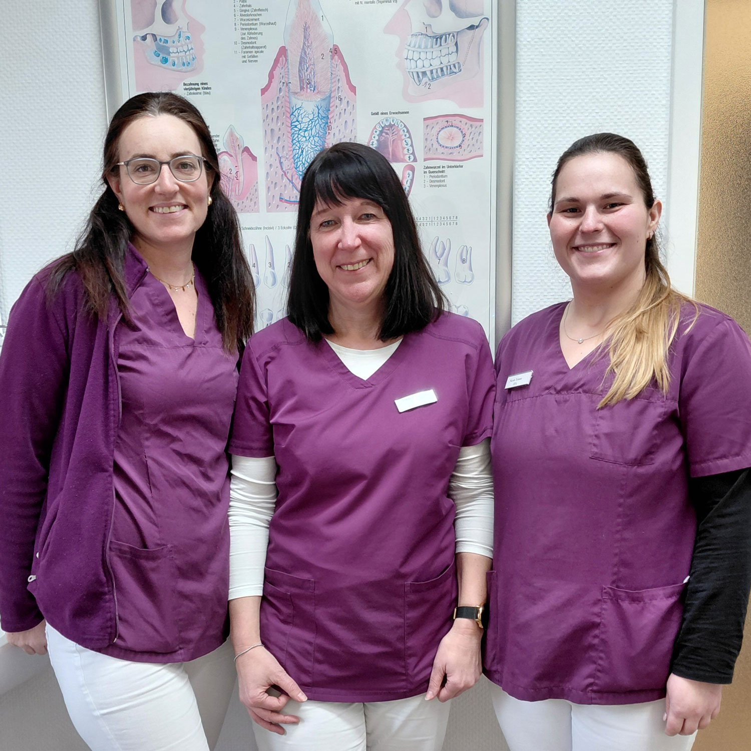 drei Zahnmedizinische Fachangestellte mit lila Kleidung